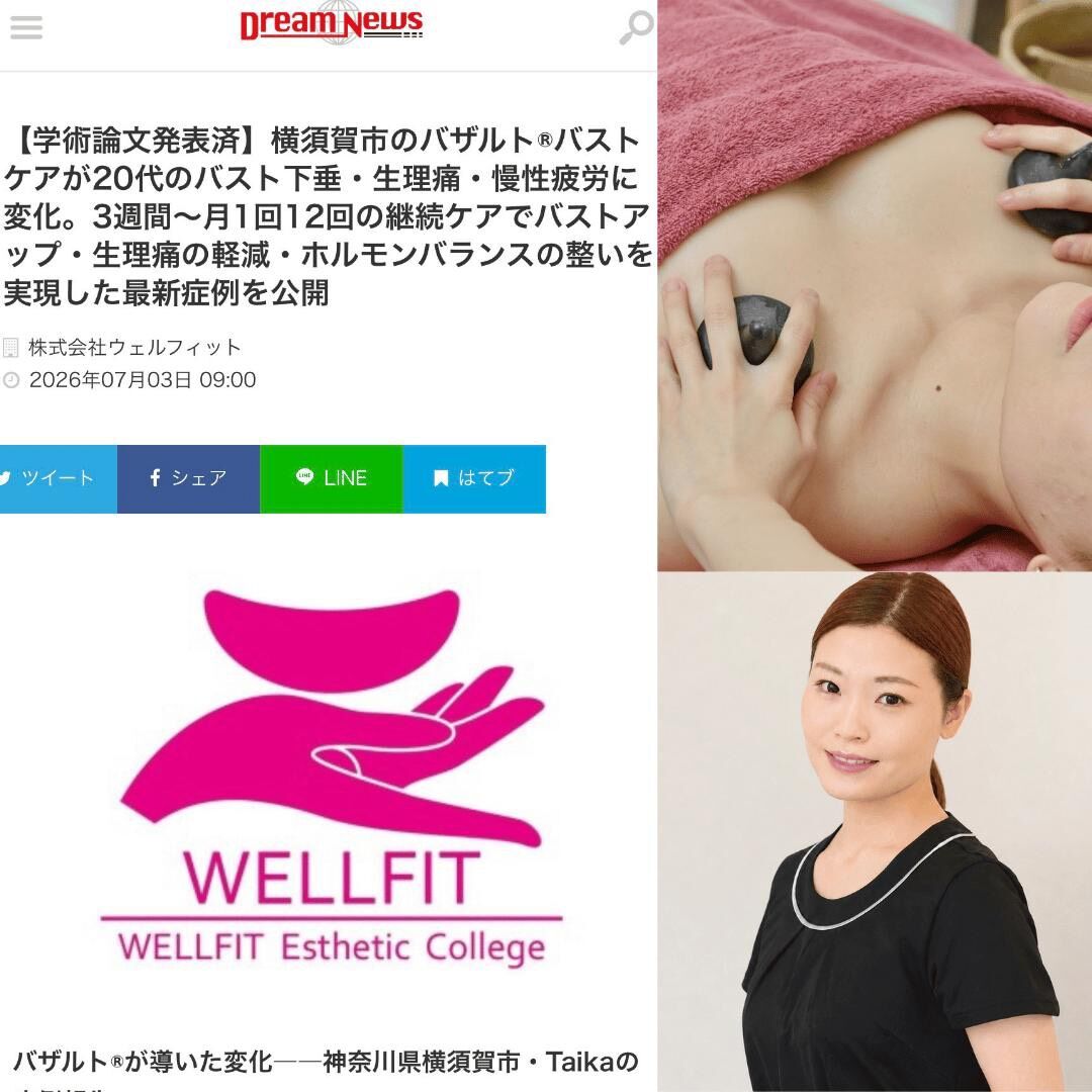 神奈川県横須賀市のバストサロンTaikaのバザルト®バストケア施術とスタッフ、学術論文発表に関するメディア掲載記事を紹介する画像